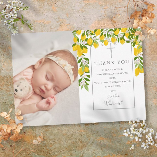 Baptism Christening Lemons Blossom Greenery Photo Thank You Card (Baptism Christening Lemons Blossom Greenery Photo Thank You Card)