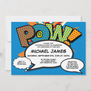 Baptism Christening Modern Fun Blue Comic Invitation