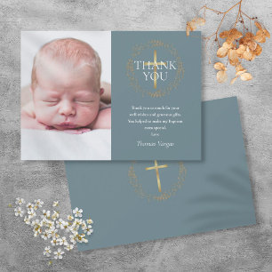 Baptism Christening Modern Gold Garland  Photo  Thank You Card