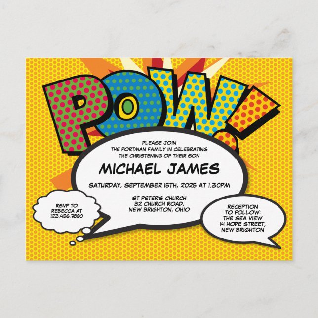 Baptism Christening Modern Photo Comic Book Invitation Postcard (Front)