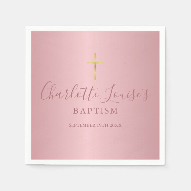Baptism Christening Modern Rose Gold Script Napkin (Front)
