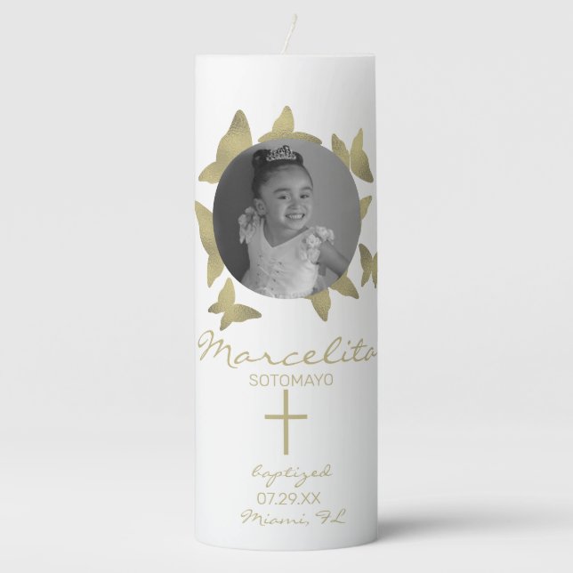 Baptism Christening Monogram Butterflies Faux Gold Pillar Candle (Front)