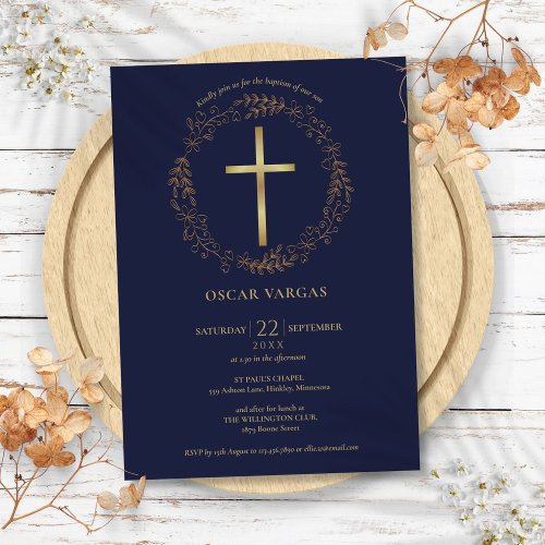 Baptism Christening Navy Blue Gold Cross Floral Invitation