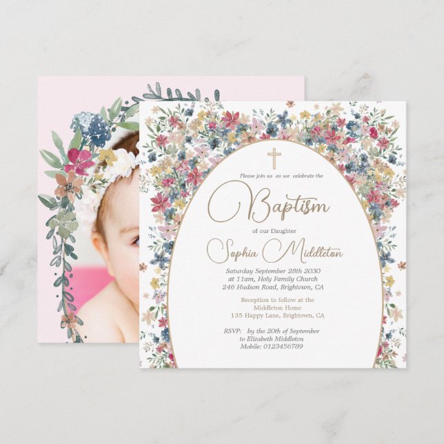 Baptism Christening Personal Photo Field Flowers  Invitation (Front/Back)