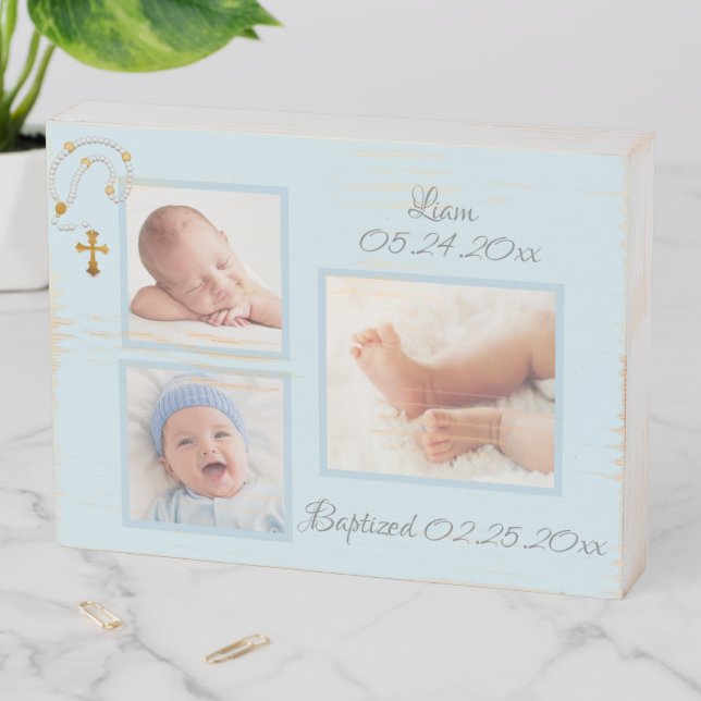 Baptism Christening Photo Collage Blue Boy Wooden Box Sign (In Situ Horizontal)