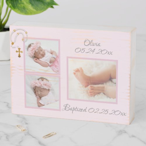 Baptism Christening Photo Collage Pink Girl Wooden Box Sign