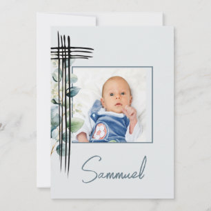 Baptism Christening Photo Male Modern Blue Invitation