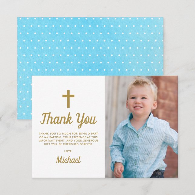 Baptism Christening Photo Religious Boy Thank You Card (Front/Back)