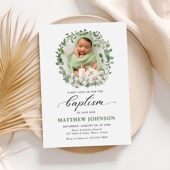 Baptism Christening Photo Roses Floral  Invitation (Creator Uploaded)
