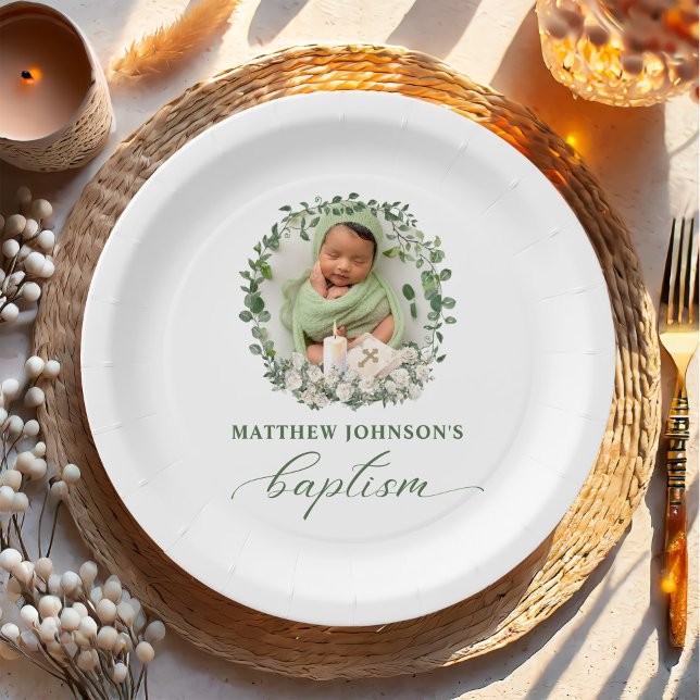 Baptism Christening Photo Roses Floral Paper Plates (Creator Uploaded)