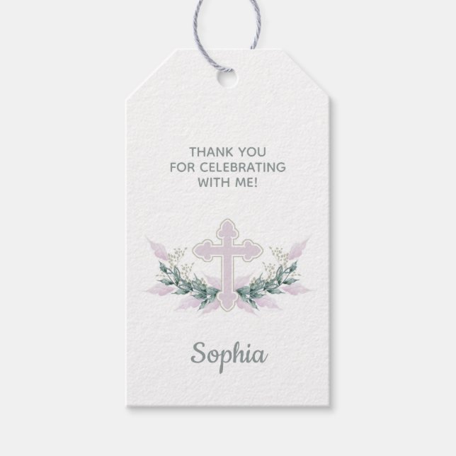 Baptism, Christening Pink Cross Favor Gift Tag (Front)