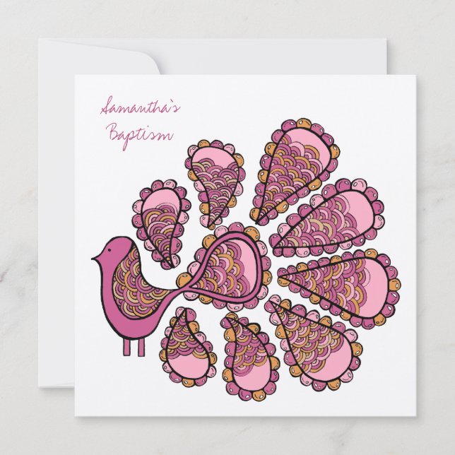 Baptism Christening Pink Peacock Invite Invitation (Front)