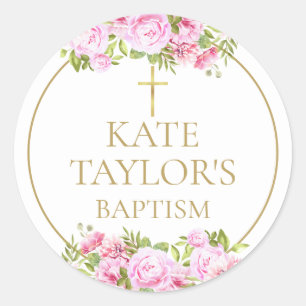 Baptism Christening Pink Rose Floral Favor Classic Round Sticker