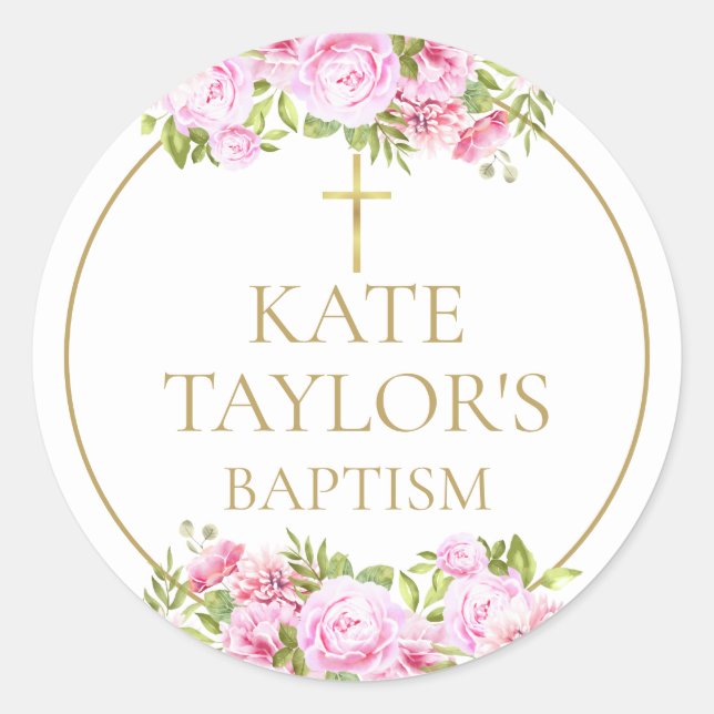  Baptism Christening Pink Rose Floral Favor Classic Round Sticker (Front)