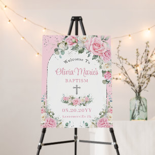 Baptism Christening Pink White Roses Floral Silver Foam Board
