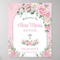 Baptism Christening Pink White Roses Floral Silver