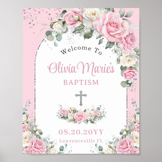 Baptism Christening Pink White Roses Floral Silver Poster (Front)