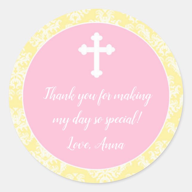 Baptism Christening Pink Yellow Gift Favor Label (Front)