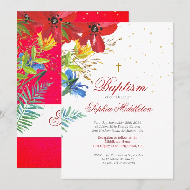 Baptism Christening  Red Wild Flowers Religious Invitation (Front/Back)