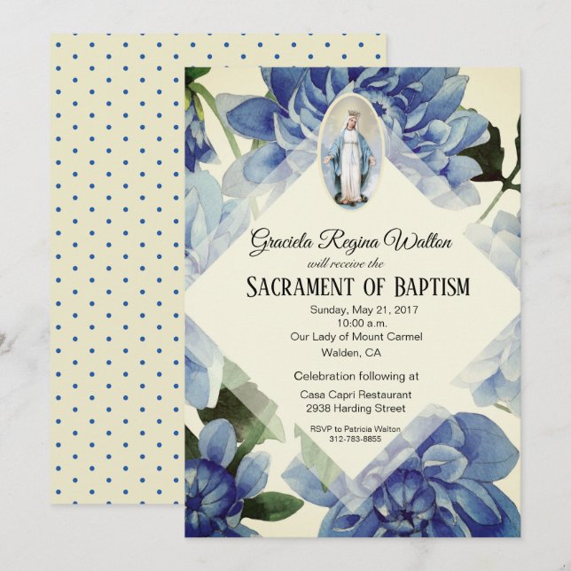 Baptism Christening Religious Blue Flowers Invitation (Front/Back)