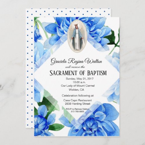 Baptism Christening Religious Blue Flowers Invitation
