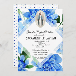Baptism Christening Religious Blue Flowers Invitation