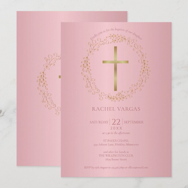 Baptism Christening Rose Gold Cross Floral Invitation (Front/Back)