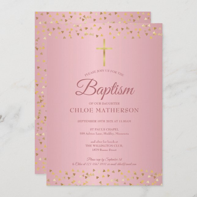 Baptism Christening Rose Gold Hearts Invitation (Front/Back)