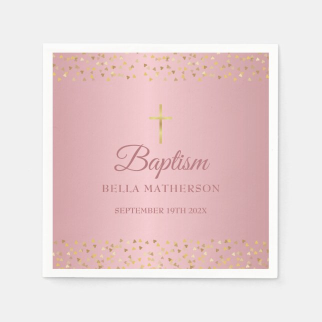 Baptism Christening Rose Gold Hearts Napkins (Front)