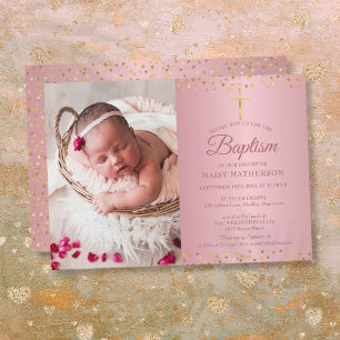Baptism Christening Rose Gold Hearts Photo Invitation