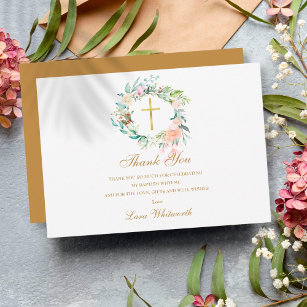 Baptism Christening Roses Floral Garland Gold Thank You Card