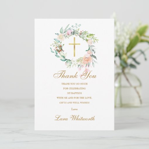 Baptism Christening Roses Floral Gold Script Thank You Card | Zazzle