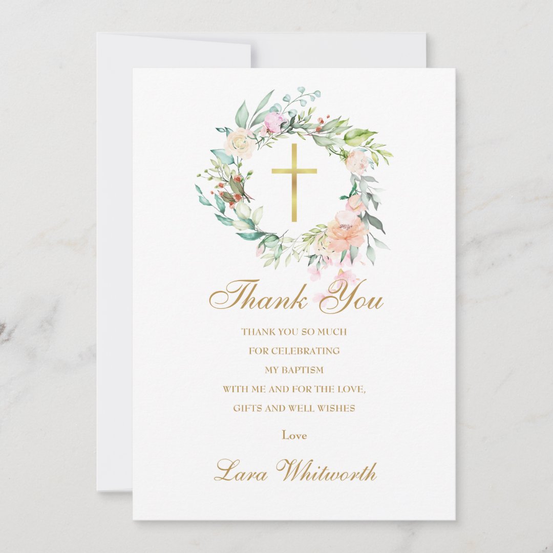Baptism Christening Roses Floral Gold Script Thank You Card | Zazzle