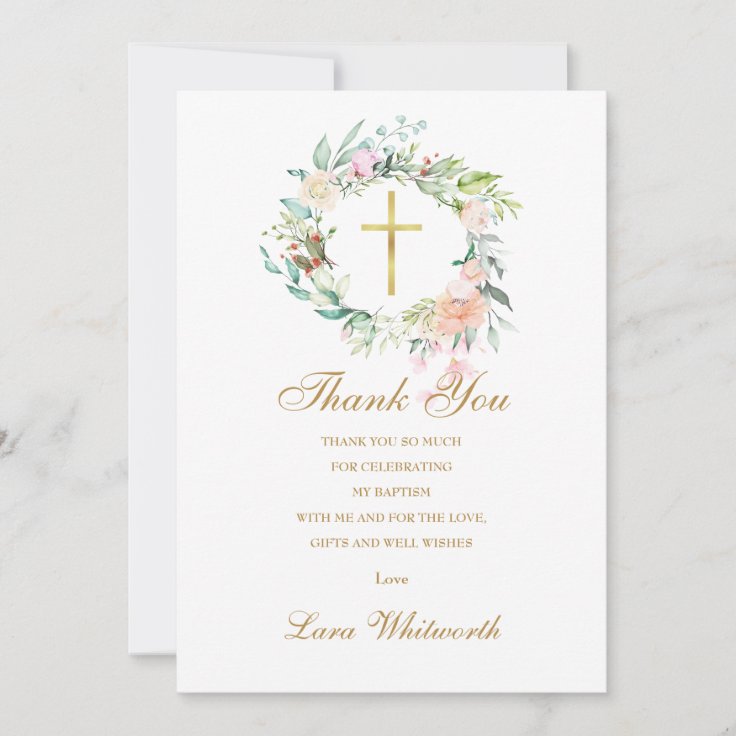 Baptism Christening Roses Floral Gold Script Thank You Card | Zazzle