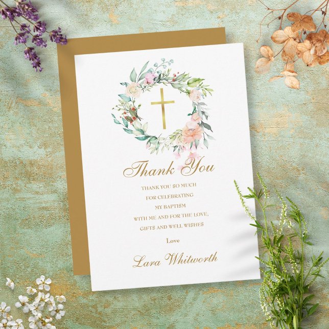 Baptism Christening Roses Floral Gold Script Thank You Card (Creator Uploaded)