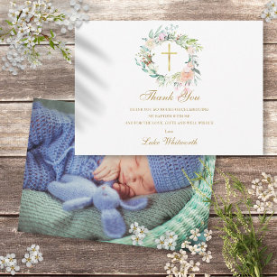 Baptism Christening Roses Floral Photo Gold Thank You Card
