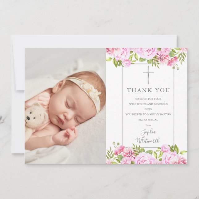 Baptism Christening Roses Floral Photo Thank You Card (Front)