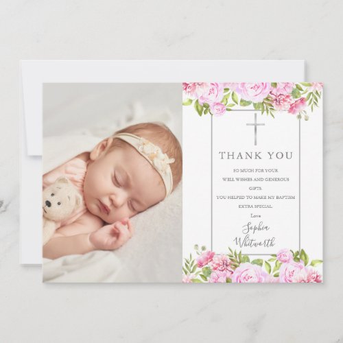 Baptism Christening Roses Floral Photo Thank You Card