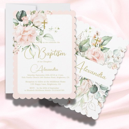 Baptism Christening Roses Pink Elegant Religious  Invitation