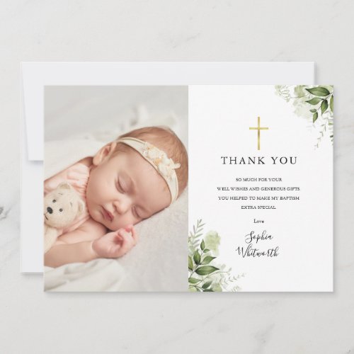 Baptism Christening Rustic Greenery Photo Thank You Card