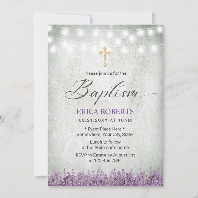 Baptism Christening Rustic Lavender Floral Invitation (Front)