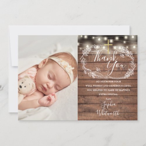 Baptism Christening Rustic String Lights Photo Thank You Card