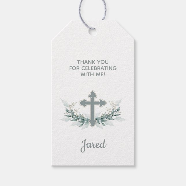 Baptism, Christening Sage Cross Favor Gift Tag (Front)