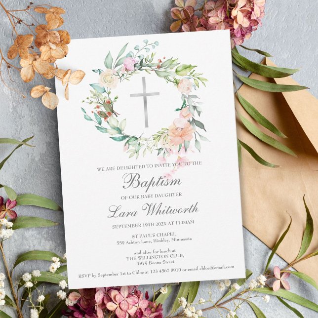 Baptism Christening Silver Cross Floral Garland Invitation (Creator Uploaded)