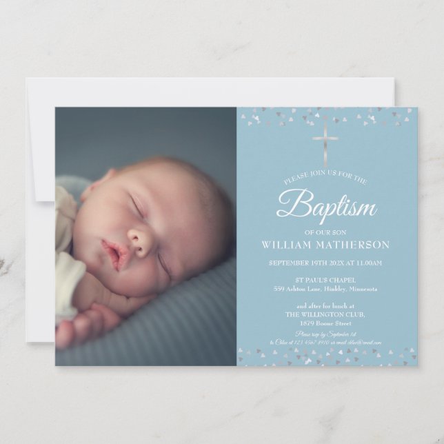 Baptism, Christening Silver Hearts Photo Invitation (Front)