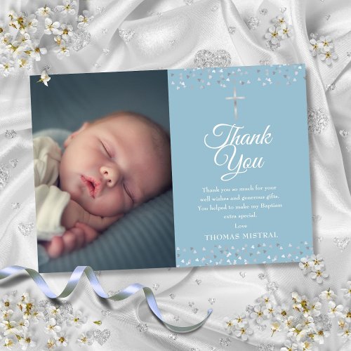 Baptism Christening Silver Hearts Photo Thank You Card