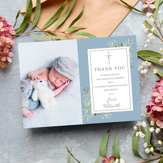 Baptism Christening Silver Script Greenery Photo Thank You Card (Creator Uploaded)