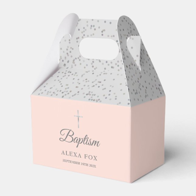 Baptism Christening Sliver Stardust Blush Pink Favor Boxes (Front Side)