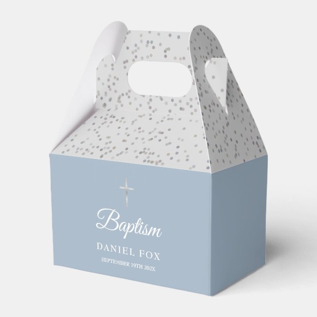 Baptism Christening Sliver Stardust Dusty Blue Favor Boxes (Front Side)