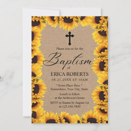 Baptism Christening Vintage Sunflower Rustic Kraft Invitation